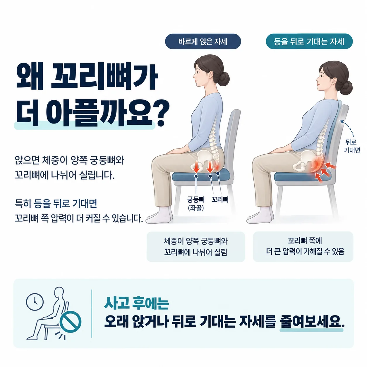 앉은 자세의 체중 분산과 등을 기댔을 때 꼬리뼈 압력 변화를 비교한 개념도