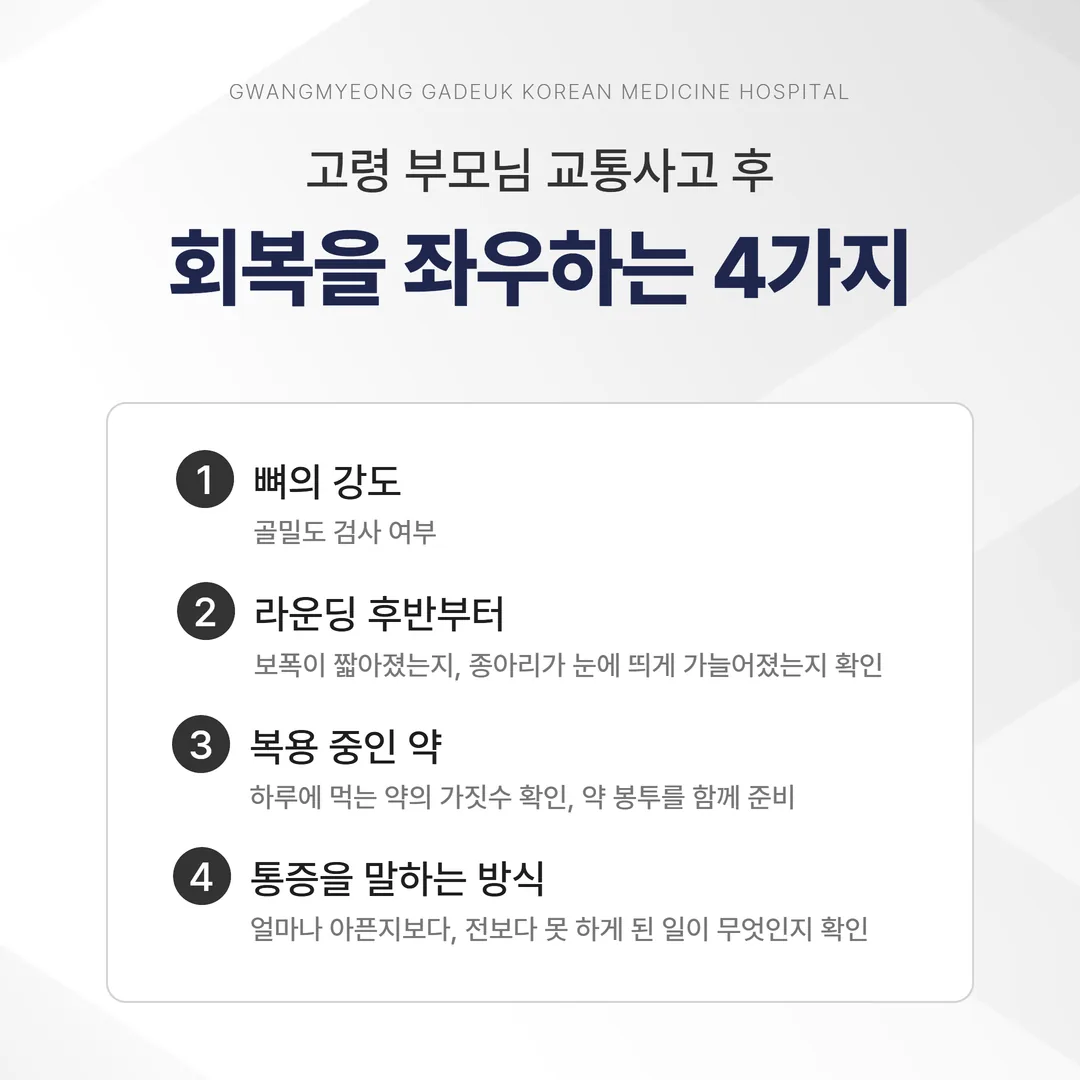 노인 교통사고 후유증 회복에 영향을 주는 뼈의 강도, 근육량, 복용 약 가짓수, 통증 표현 네 가지 조건 도표