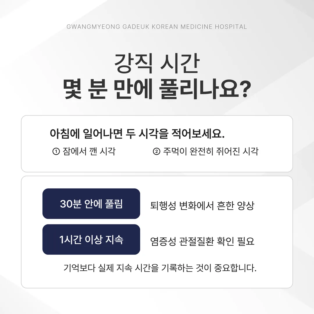 아침 손가락 강직 지속 시간을 사흘간 기록하는 표 예시