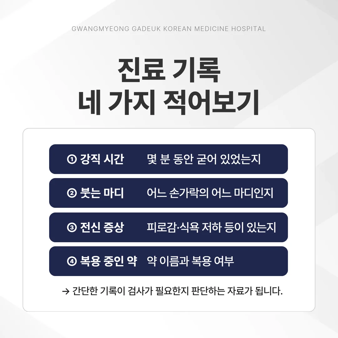 아침 강직 시간과 붓는 마디를 적어 진료에 가져가는 기록 카드 개념도