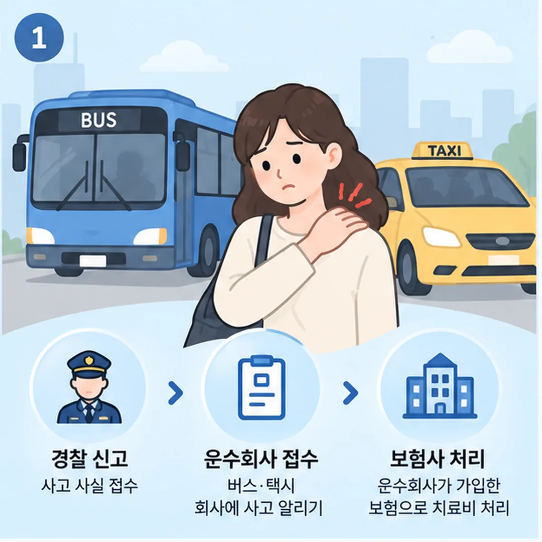 버스와 택시 승객 사고의 접수 경로를 손해보험회사와 업종별 공제조합으로 나눠 정리한 개념도