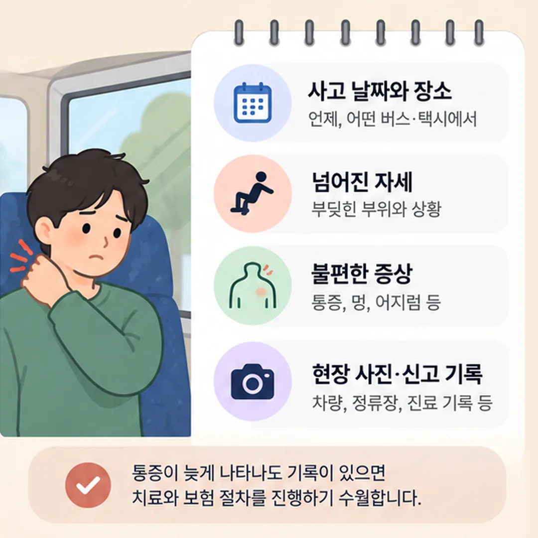 하차 후 통증이 생겼을 때 정리해 두는 탑승 사실, 차량 특정, 시각, 증상 기록 항목을 네 칸으로 정리한 도식