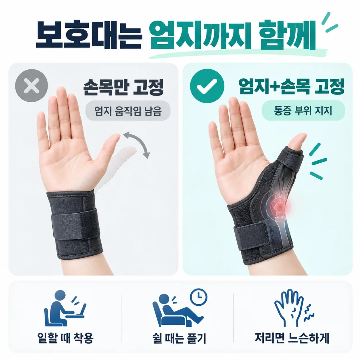 손목만 감는 보호대와 엄지까지 함께 고정하는 보호대의 지지 범위를 비교한 도식