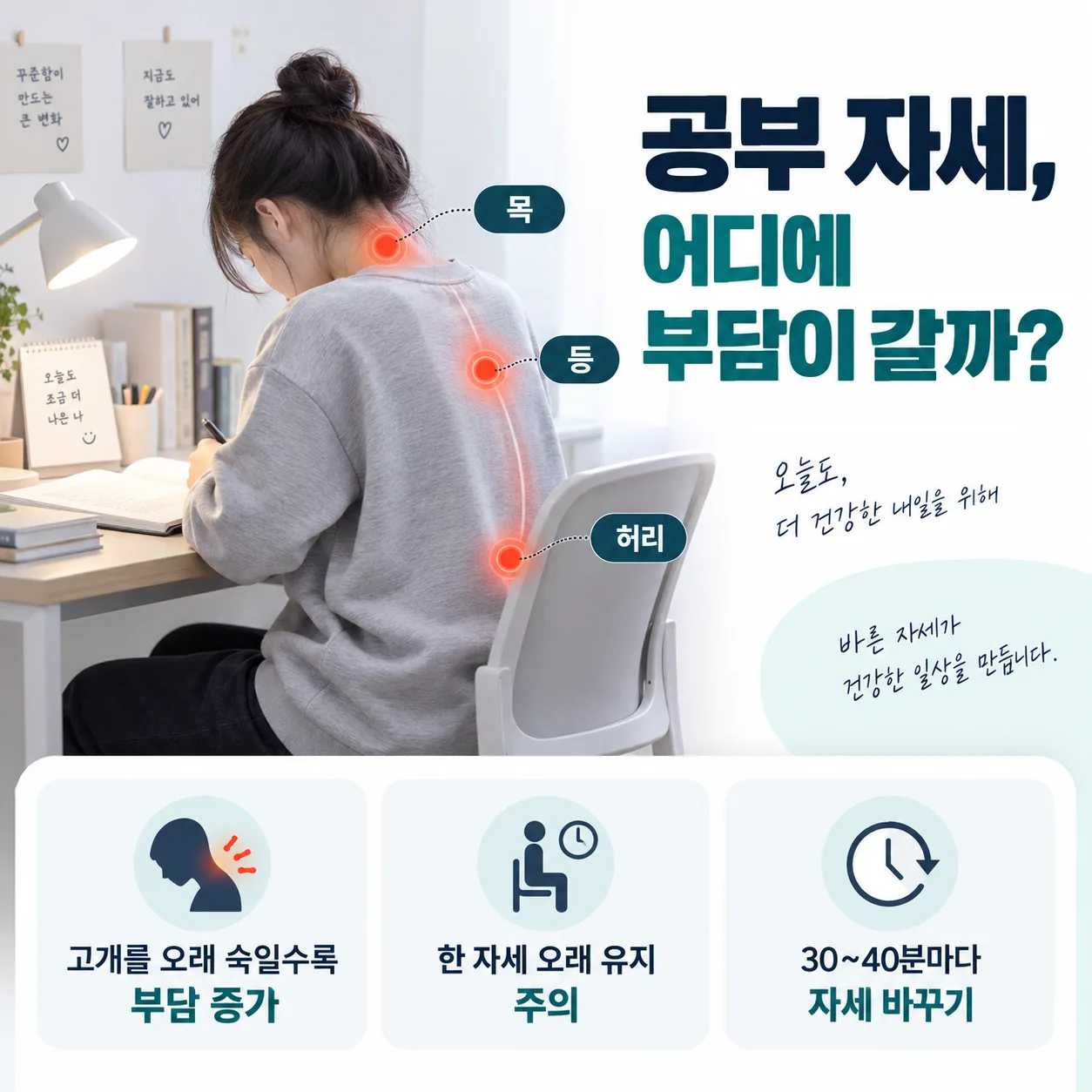 공부 자세에서 목과 등, 허리에 부담이 모이는 지점을 표시한 개념도