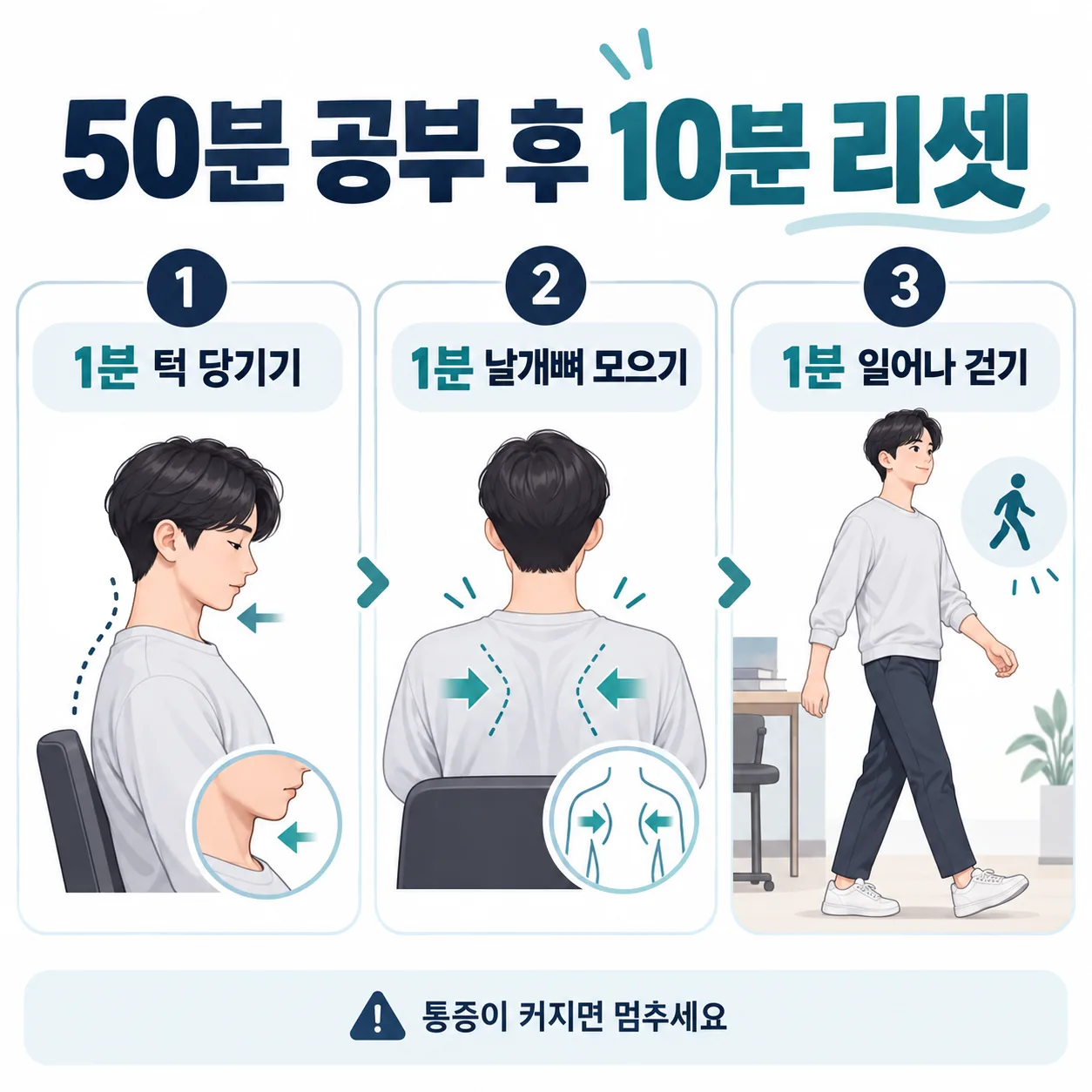 50분 공부 뒤 목·등·고관절을 1분씩 푸는 리셋 루틴 순서도