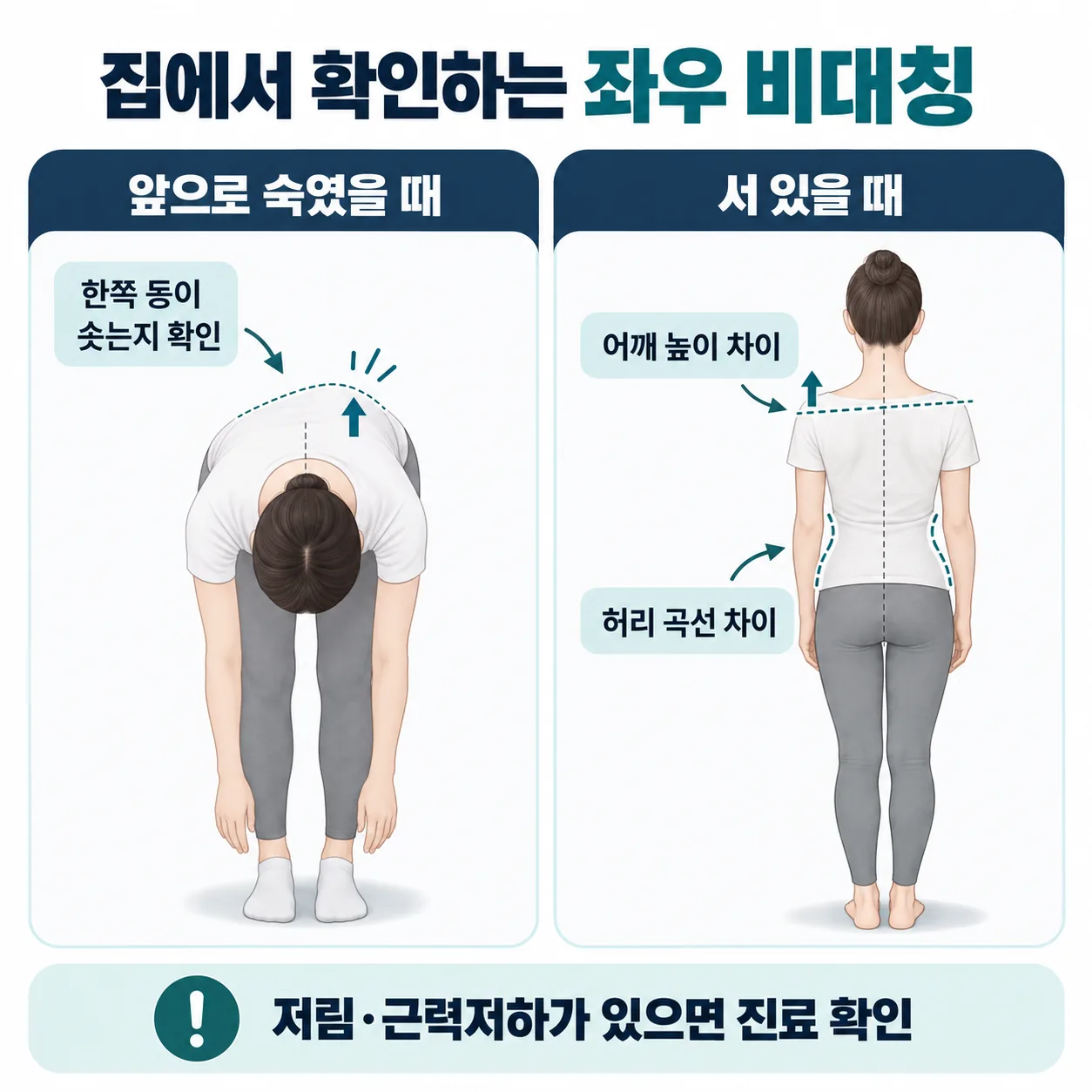 전방 굴곡 검사와 서 있는 자세에서 좌우 비대칭을 확인하는 관찰 도식