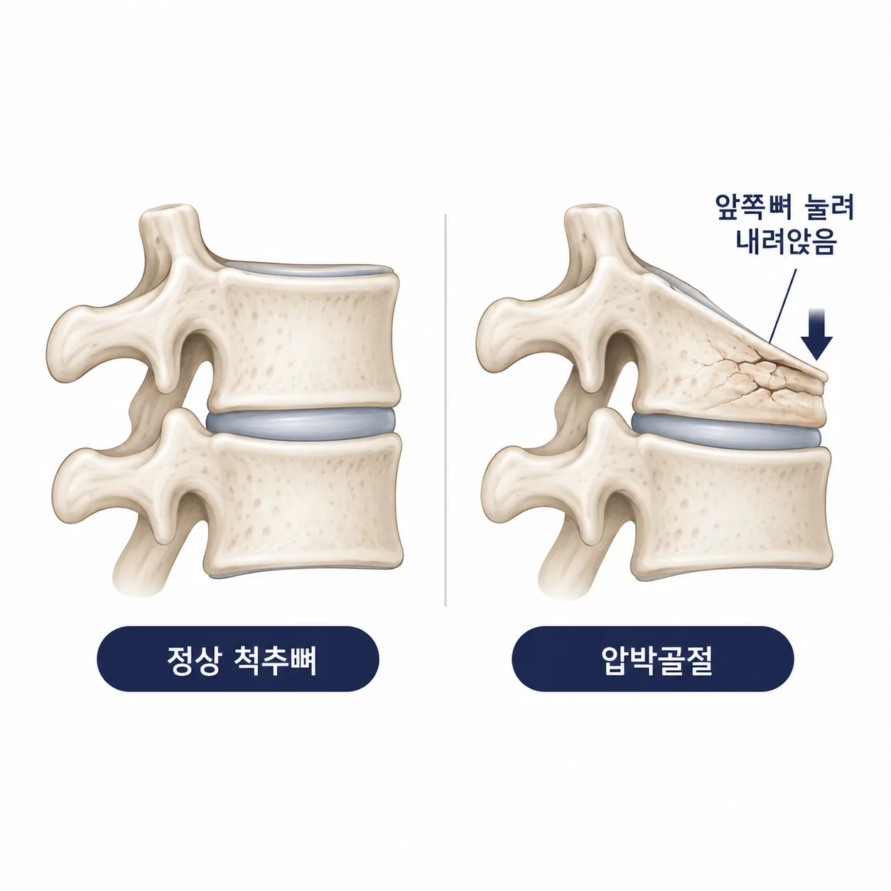 정상 척추뼈와 앞쪽이 눌려 내려앉은 척추압박골절 비교 모식도